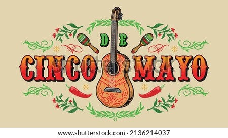 Cinco de Mayo horizontal banner with maracas and chili peppers around painted guitar, vector illustration
