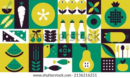 Food geometric mosaic background. Natural organic fruit vegetable pattern simple swiss bauhaus style. Vector illustration