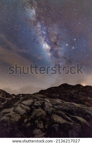 Milky way with mountains, cascade and rocks