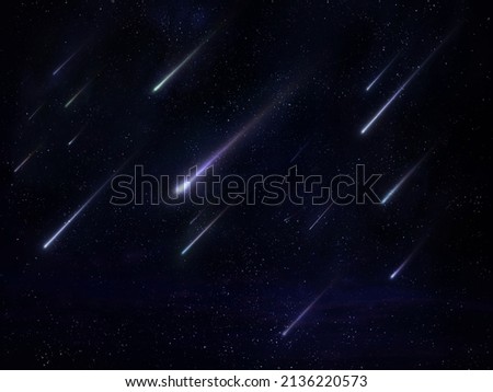 Meteor shower in the night sky with stars. A stream of bright meteorites entered the Earth's atmosphere.  Royalty-Free Stock Photo #2136220573