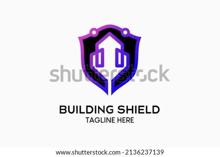 Building security logo design with shield in creative concept combined with building icon. Modern vector illustration