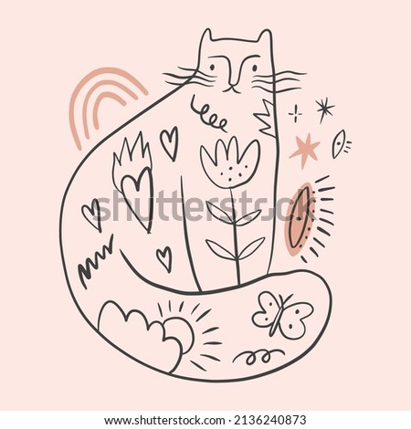 Magical witch cat boho fairytale vector illustration. Spiritual totem animal, multi colored art.