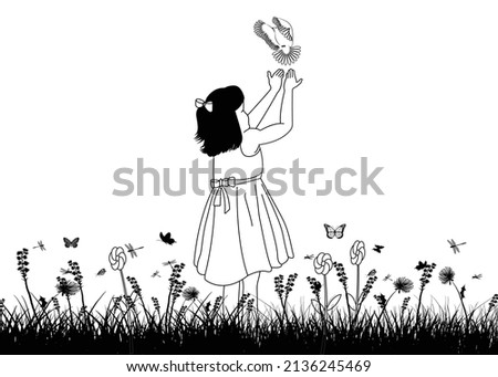 Cute girl enjoying nature, free birds, butterfly, grass and flowers, freedom and emotion, hope concept