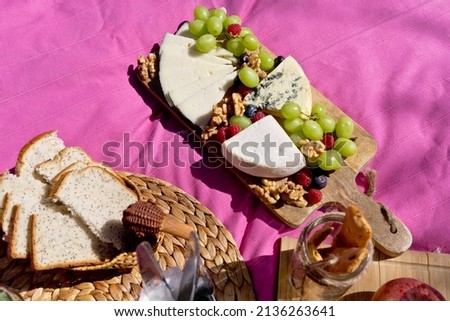 Horizontal top view of picnic with cheese, nuts and grapes. Above shot of variety of cheese table set isolated on pink background. Gastronomy and food concept.