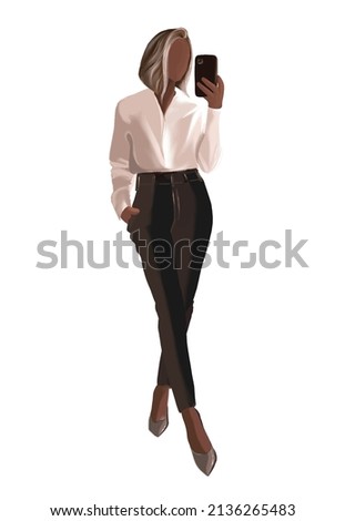 african american business woman in office clothes taking selfie on smartphone, female boss, businesswoman, vector illustration