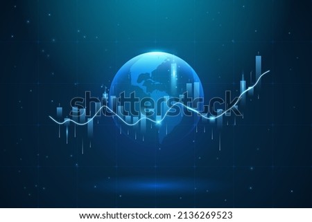 Hi-tech hologram of planet Earth with glowing vector chart of investment financial data. Graph stock market with rising candlesticks. Infographic elements and realistic transparent world map Royalty-Free Stock Photo #2136269523
