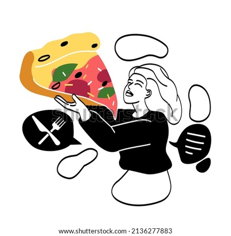 Character with favorite food concept. Young woman eats large slice of pizza with sausage, basil and olives. Traditional Italian cuisine. Delicious fast food. Cartoon flat vector illustration
