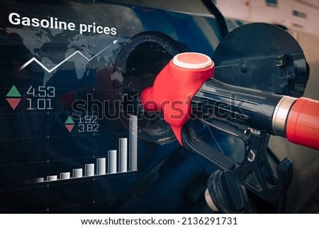 Graphic increase of fuel price with refuel fill up with petrol gasoline on background. Petrol price and oil crisis concept