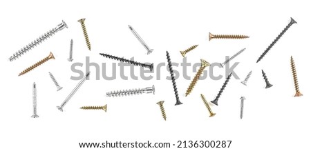 Set of different screws isolated on a white background, top view.