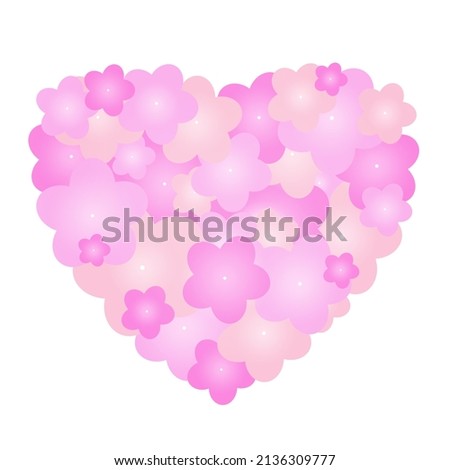 Pattern of pink and purple flowers in the shape of a heart on a white background.
