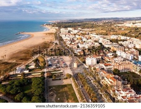 Aerial photo of Vilanova i la Geltru with view of beach on shore of Mediterranean Sea.