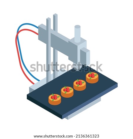 Isometric 3d printing composition with isolated image of printer making dummy cakes vector illustration