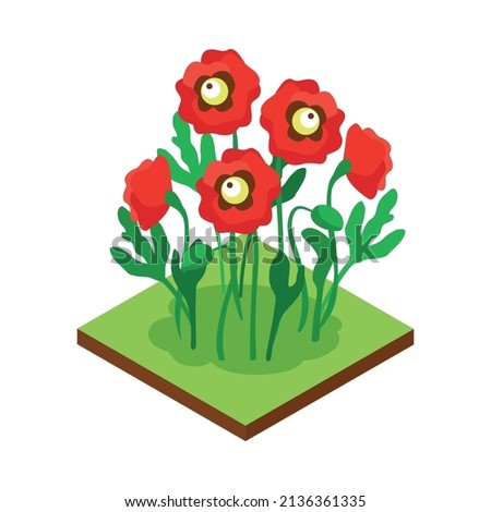 Isometric forest park nature element composition with rectangular platform and red flowers vector illustration