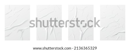 Wet paper set, crumpled wrinkled wrapper vector illustration. 3d realistic mockup paper sheets, glued poster blank with creases wrinkles, packet bag wrap canvas template collection isolated on white Royalty-Free Stock Photo #2136365329