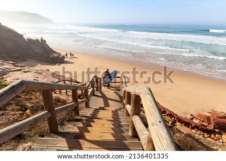 View to Praia do Amado, Beach and Surfer spot near Sagres and Lagos, Costa Vicentina Algarve Portugal Royalty-Free Stock Photo #2136401335