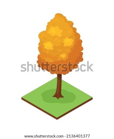 Isometric forest park nature element composition with rectangular platform and tree with orange leaves vector illustration