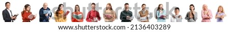 Group of people with books on white background