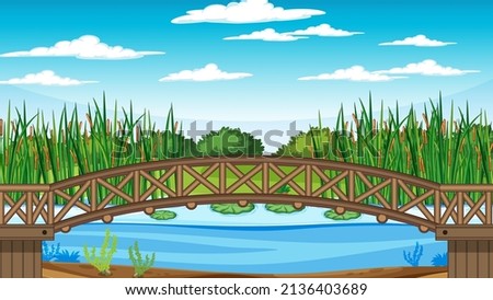 Scene with wooden bridge over pond illustration