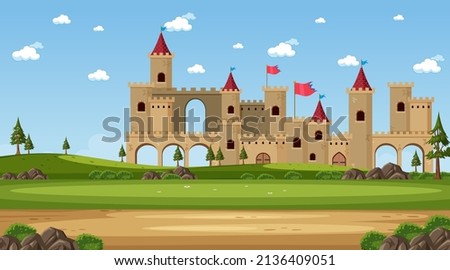 Medieval town scene in cartoon style illustration