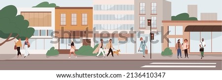 People walking along city street. Modern urban lifestyle scene with pedestrians, citizens going on sidewalks and buildings. Cityscape panorama. Everyday outdoors life. Flat vector illustration Royalty-Free Stock Photo #2136410347