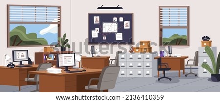 Police office, station interior. Inside of empty investigation department of detective bureau. Workplace with furniture, confidential evidence board and computer desks. Flat vector illustration Royalty-Free Stock Photo #2136410359