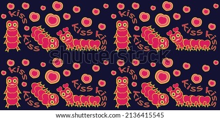 Vector pattern with funny cartoon red worms, hearts and text Kiss on a dark blue background.