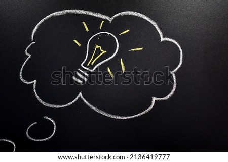 a light bulb of ideas on a black board in a bubble, drawing with chalk on the board