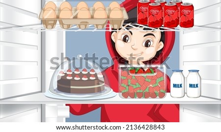 Boy looking at food in fridge illustration