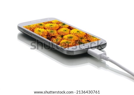 Modern smartphone with yellow chrysanthemum flowers on screensaver on a white background.