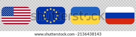 flags USA EU Ukraine and Russia. Set of four flag icons. Confrontation, war between states.
Square icons with round edge, vector illustration isolated on white background. Vector eps 10