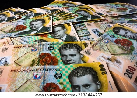 Stack of LEI Romanian money. RON Leu Money European Currency Royalty-Free Stock Photo #2136444257