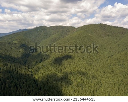 Green mountains of Ukrainian Carpathians in summer. Sunny day, rare clouds. Aerial drone view.