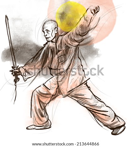 An hand drawn, full sized, illustration (original) from series Martial Arts: TAIJI (Tai Chi). Is an internal Chinese martial art practiced for both its defense training and its health benefits.