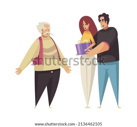 Gift present giving composition with cartoon characters of loving couple hiding gift box for elderly man vector illustration