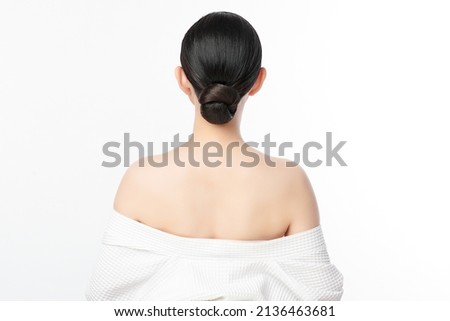 Beautiful young asian woman back view with clean fresh skin on white background, Face care, Facial treatment, Cosmetology, beauty and spa, Asian women portrait. Royalty-Free Stock Photo #2136463681