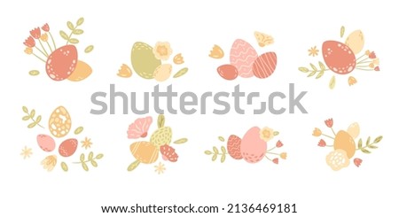 Easter eggs with flowers and leaves. Set of compositions. Textured spring holiday elements isolated on white background. Vector illustration.