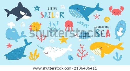 Bundle of sea animals and plants. Cute marine set with lettering. Underwater vector collection.