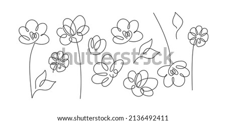 Continuous one line drawing flower set. Minimalist Prints Set. Abstract hand drawn flowers by one line. Minimalist black white line sketch. Fashionable trend vector illustration. Set Of Plants Royalty-Free Stock Photo #2136492411