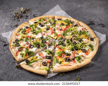 Pizza on a gray texture background.
 Menu for pizzeria, cafe, delivery, restaurant.