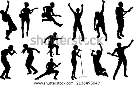 A set of high quality musicians, rock or pop band singers, drummers, and guitarists silhouettes