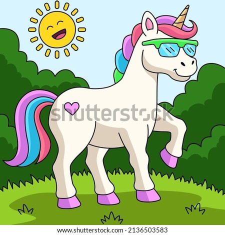 Unicorn Wearing Sunglasses Colored Cartoon
