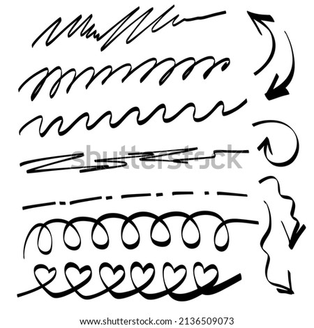 Sketch highlight strokes, underline,  lines, emphasis, waves, arrows set. Hand drawn check mark underline. Vector freehand illustration on white background.