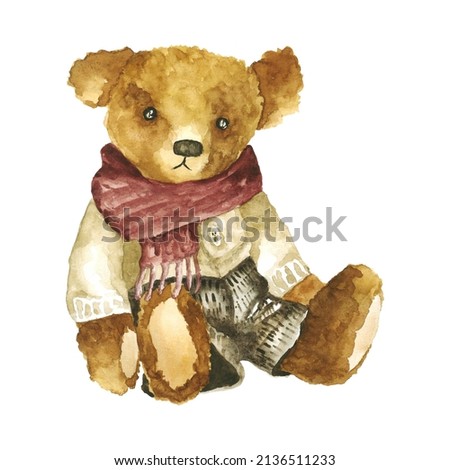 Watercolor vintage sitting teddy bear wearing scarf, sweater and pants illustration. Hand painted stuffed animal object isolated on white background. Retro plush toy clipart element for scrapbook.