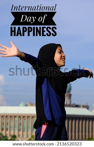 International Day of Happiness wish poster with a girl show her happiness