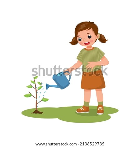 cute little girl watering plants flowers in the pot with watering can in the garden