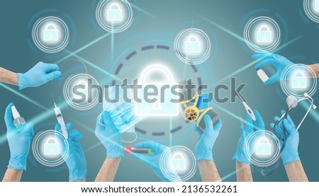 Security Health Care Concept. Medical Data Insurance and Safety. Medicine secure patient privacy history. Doctor offers heart with lock icon on virtual screen. Access healthcare protection technology