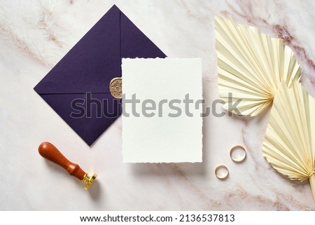 Vintage blank paper card mockup, greeting card design for wedding. Top view with copy space. Romantic minimal style.