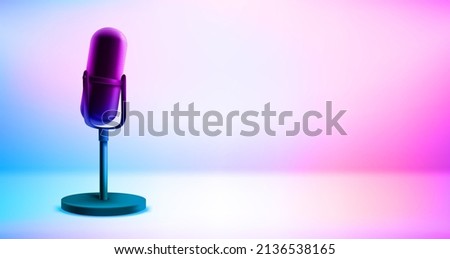 Modern microphone with holographic effect. Broadcasting concept. 3d vector illustration