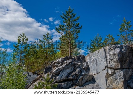 Large grey stones in an old abandoned quarry. Marble texture. Smooth cuts on the rocks. The marble quarry is horizontal. The natural stone. Marble quarry, marble rocks in the wild.