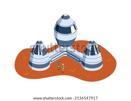 Isometric mars colonization composition with view of extraterrestrial base buildings with astronauts on planetary surface vector illustration